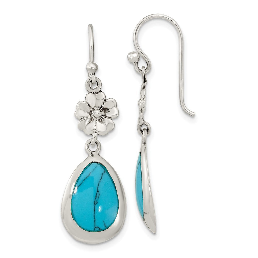 QE16393 Sterling Silver Polished Recon. Turquoise Floral Teardrop Dangle Earrings
