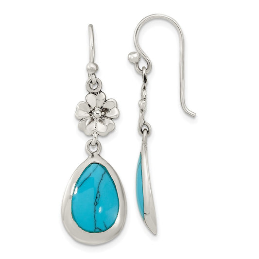 QE16393 Sterling Silver Polished Recon. Turquoise Floral Teardrop Dangle Earrings