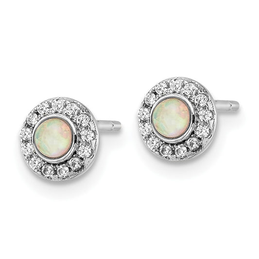 QE16403 Sterling Silver Rhod-plated Polished Created Opal & CZ Halo Post Earrings