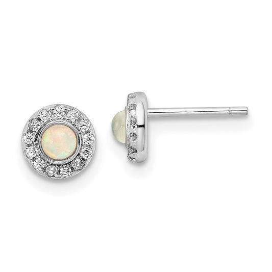 QE16403 Sterling Silver Rhod-plated Polished Created Opal & CZ Halo Post Earrings