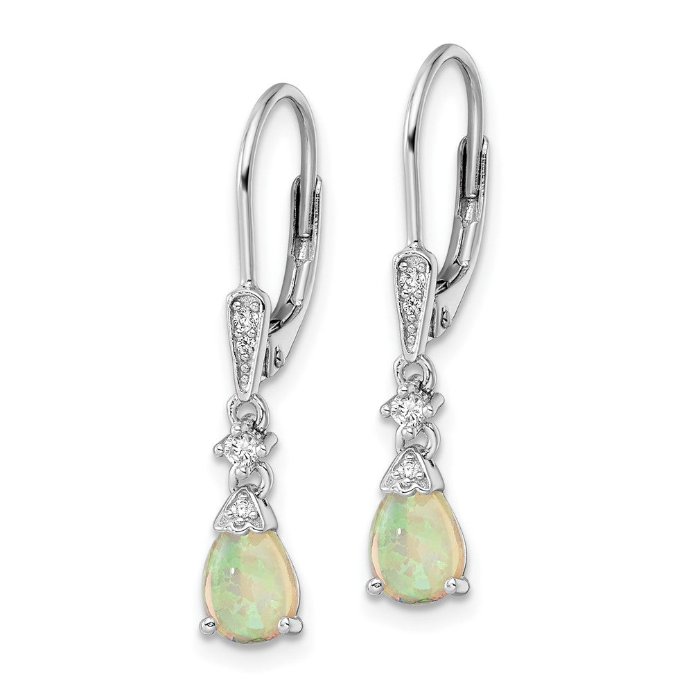 QE16409 Sterling Silver RH-plated CZ & Created Opal Teardrop Leverback Earrings