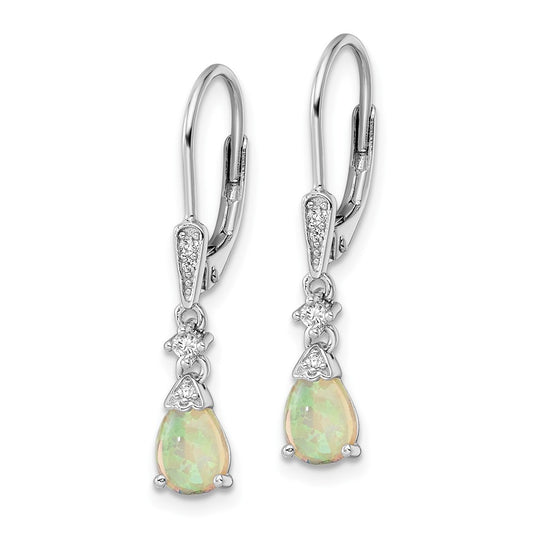 QE16409 Sterling Silver RH-plated CZ & Created Opal Teardrop Leverback Earrings