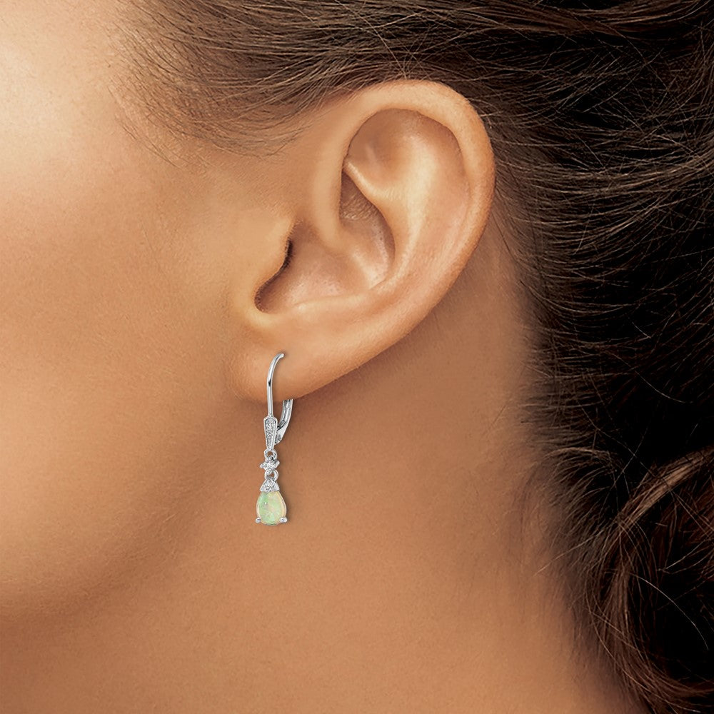 QE16409 Sterling Silver RH-plated CZ & Created Opal Teardrop Leverback Earrings