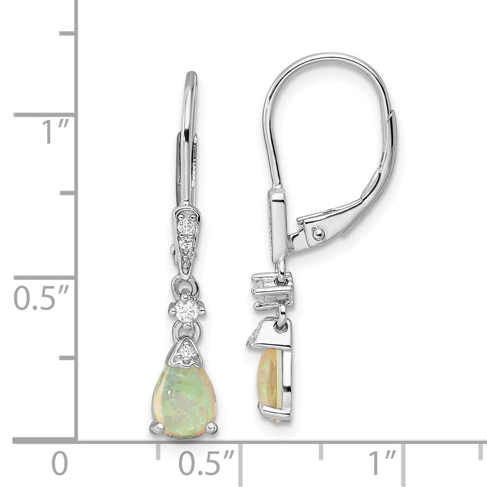QE16409 Sterling Silver RH-plated CZ & Created Opal Teardrop Leverback Earrings