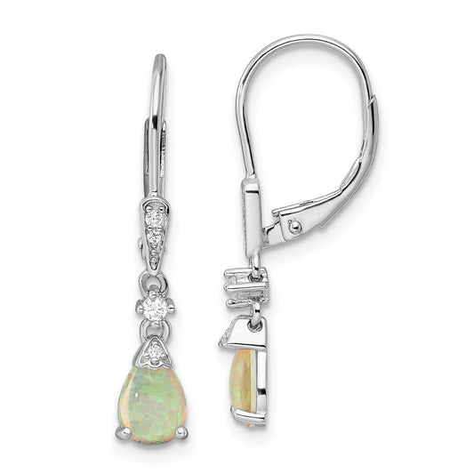 QE16409 Sterling Silver RH-plated CZ & Created Opal Teardrop Leverback Earrings