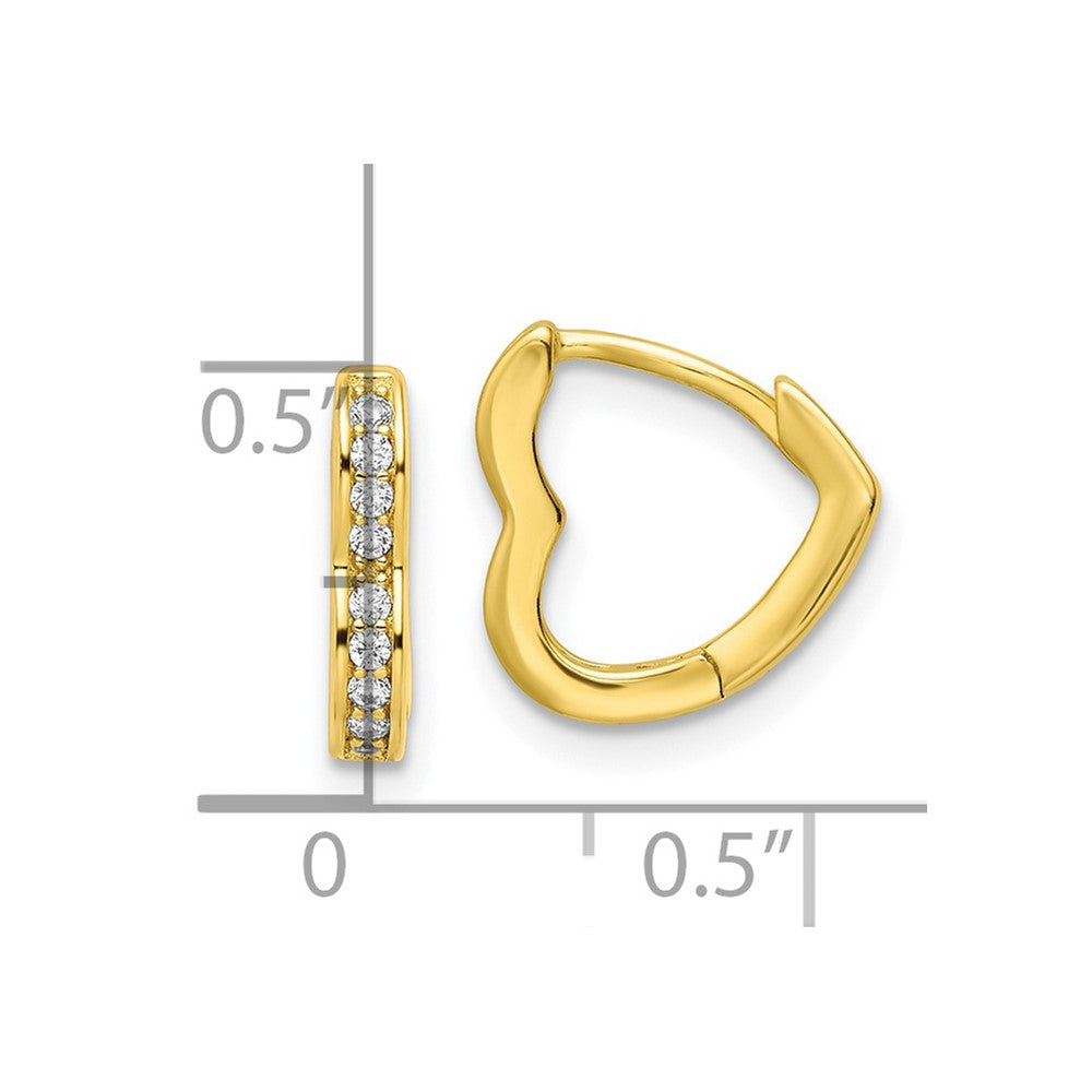QE16435 Sterling Silver Polished Gold-tone CZ Hinged Heart Shaped Hoop Earrings