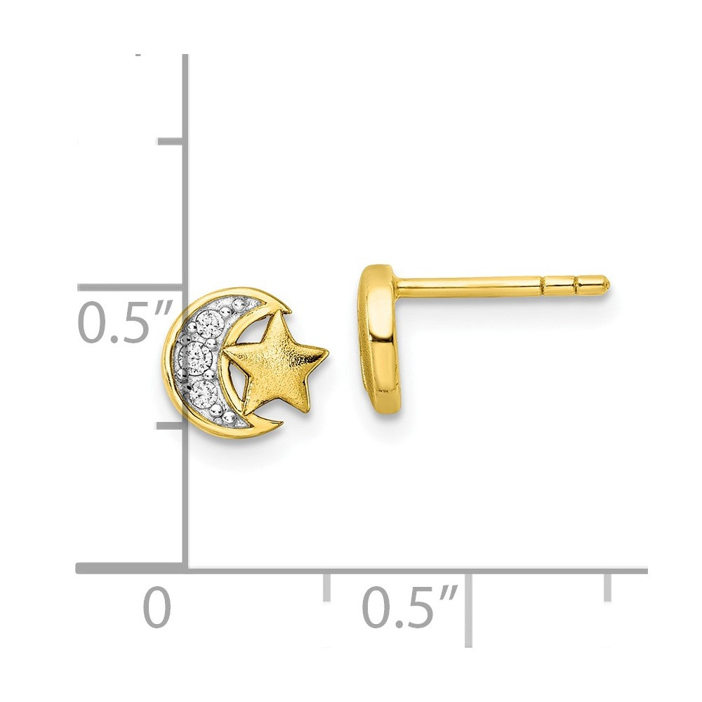 QE16472 Sterling Silver Gold-tone CZ Star and Moon Post Earrings