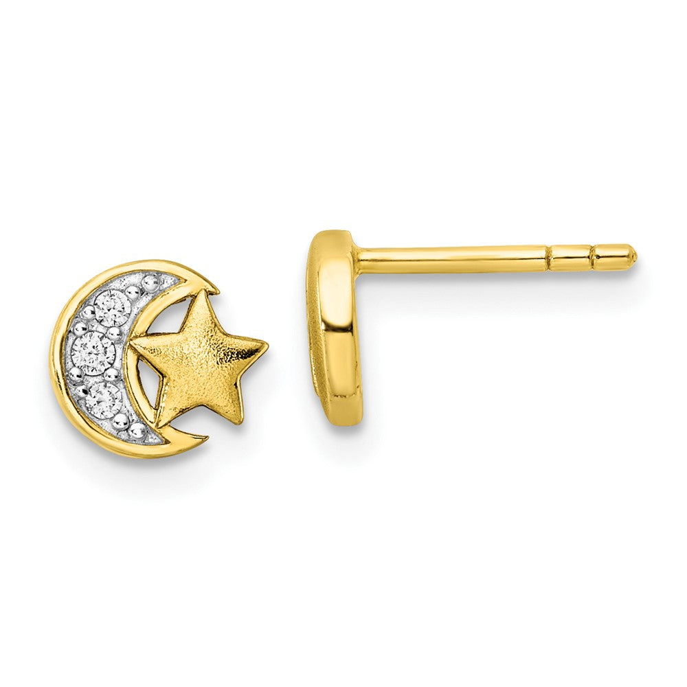 QE16472 Sterling Silver Gold-tone CZ Star and Moon Post Earrings