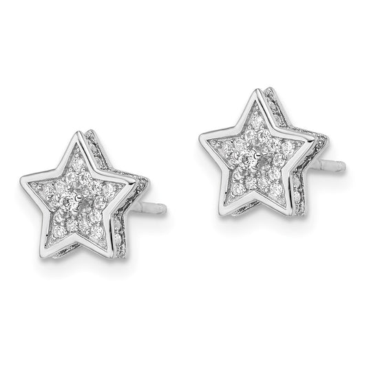 QE16477 Sterling Silver Polished Rhodium-plated CZ Star Post Earrings
