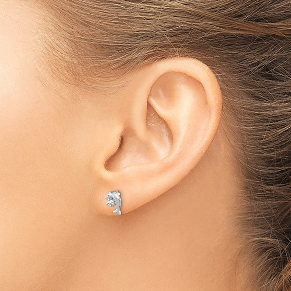 QE16496 Sterling Silver Rhodium-plated CZ Dolphin Post Earrings