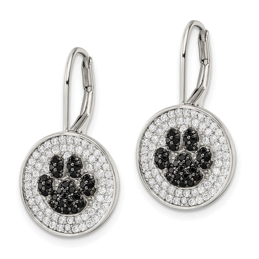 QE16501 Sterling Silver Rhodium-plated Polished CZ Paw Print Leverback Earrings