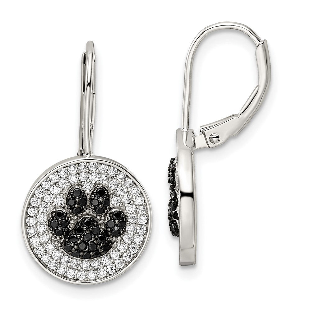 QE16501 Sterling Silver Rhodium-plated Polished CZ Paw Print Leverback Earrings