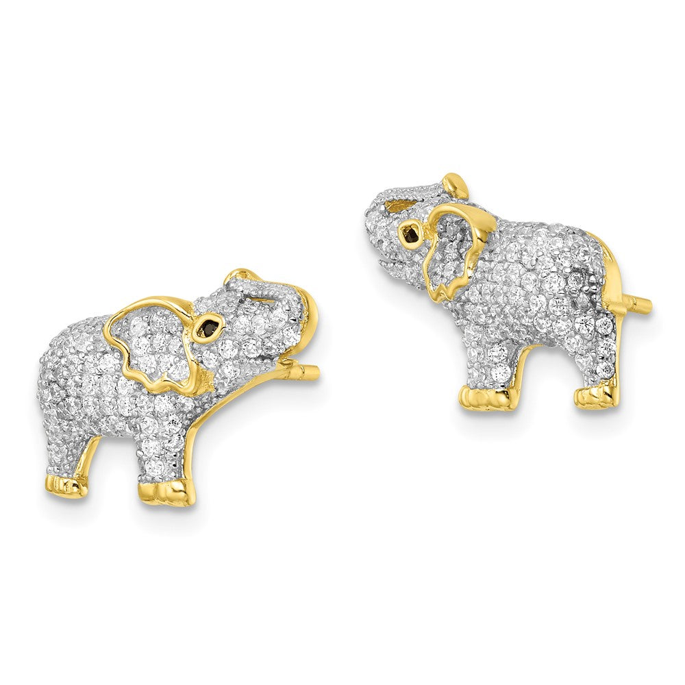 QE16507 Sterling Silver Rhodium-plated Gold Tone CZ Elephant Post Earrings