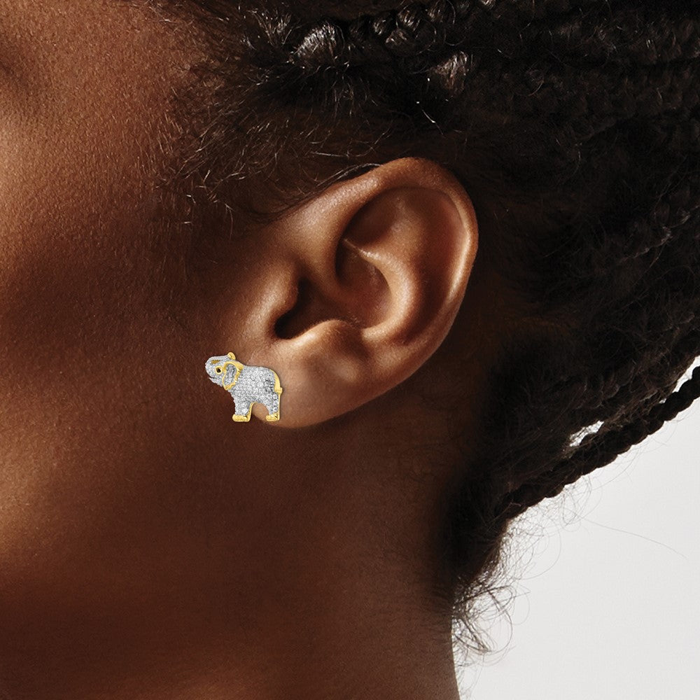 QE16507 Sterling Silver Rhodium-plated Gold Tone CZ Elephant Post Earrings