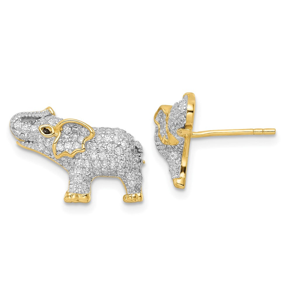 QE16507 Sterling Silver Rhodium-plated Gold Tone CZ Elephant Post Earrings