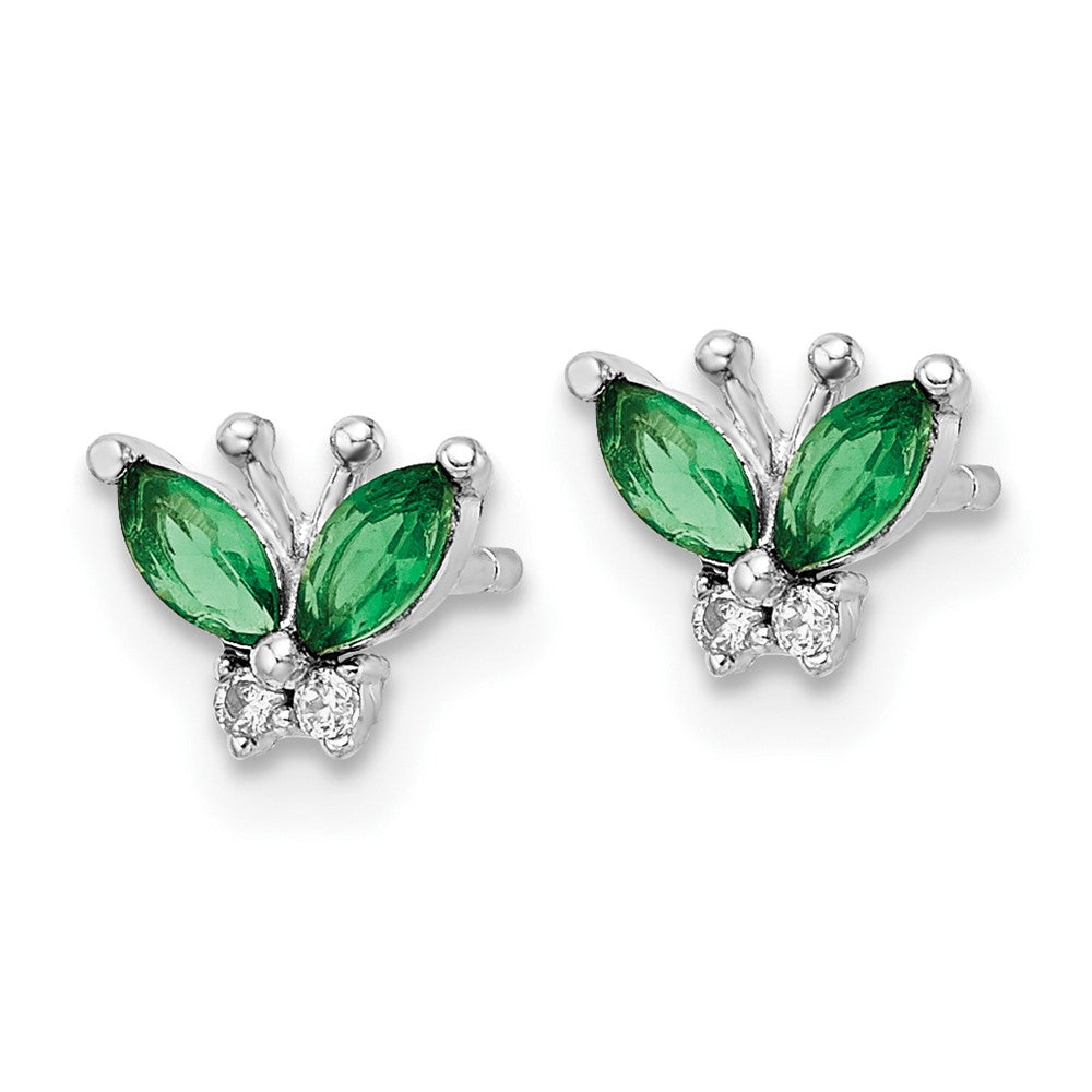 QE16556 Sterling Silver Rhodium-plated Green & White CZ Butterfly Post Earrings