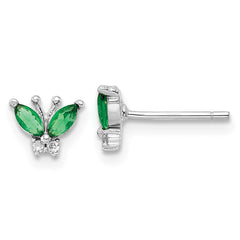 QE16556 Sterling Silver Rhodium-plated Green & White CZ Butterfly Post Earrings