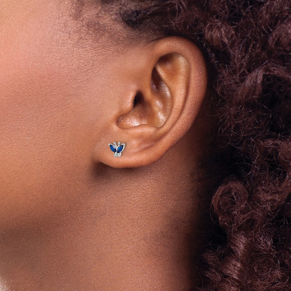 QE16557 Sterling Silver Rhodium-plated Blue & White CZ Butterfly Post Earrings