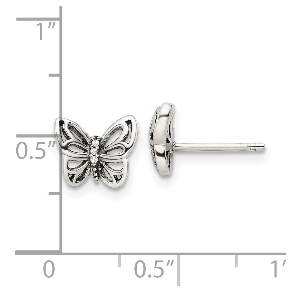 QE16560 Sterling Silver Antiqued CZ Butterfly Post Earrings