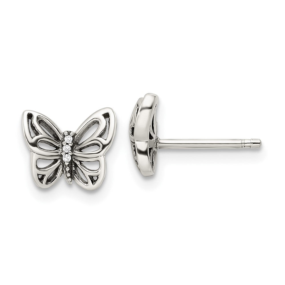 QE16560 Sterling Silver Antiqued CZ Butterfly Post Earrings