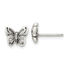 QE16560 Sterling Silver Antiqued CZ Butterfly Post Earrings
