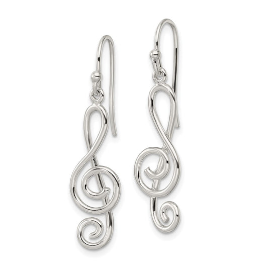 QE16567 Sterling Silver Polished Treble Clef Dangle Shepherd Hook Earrings