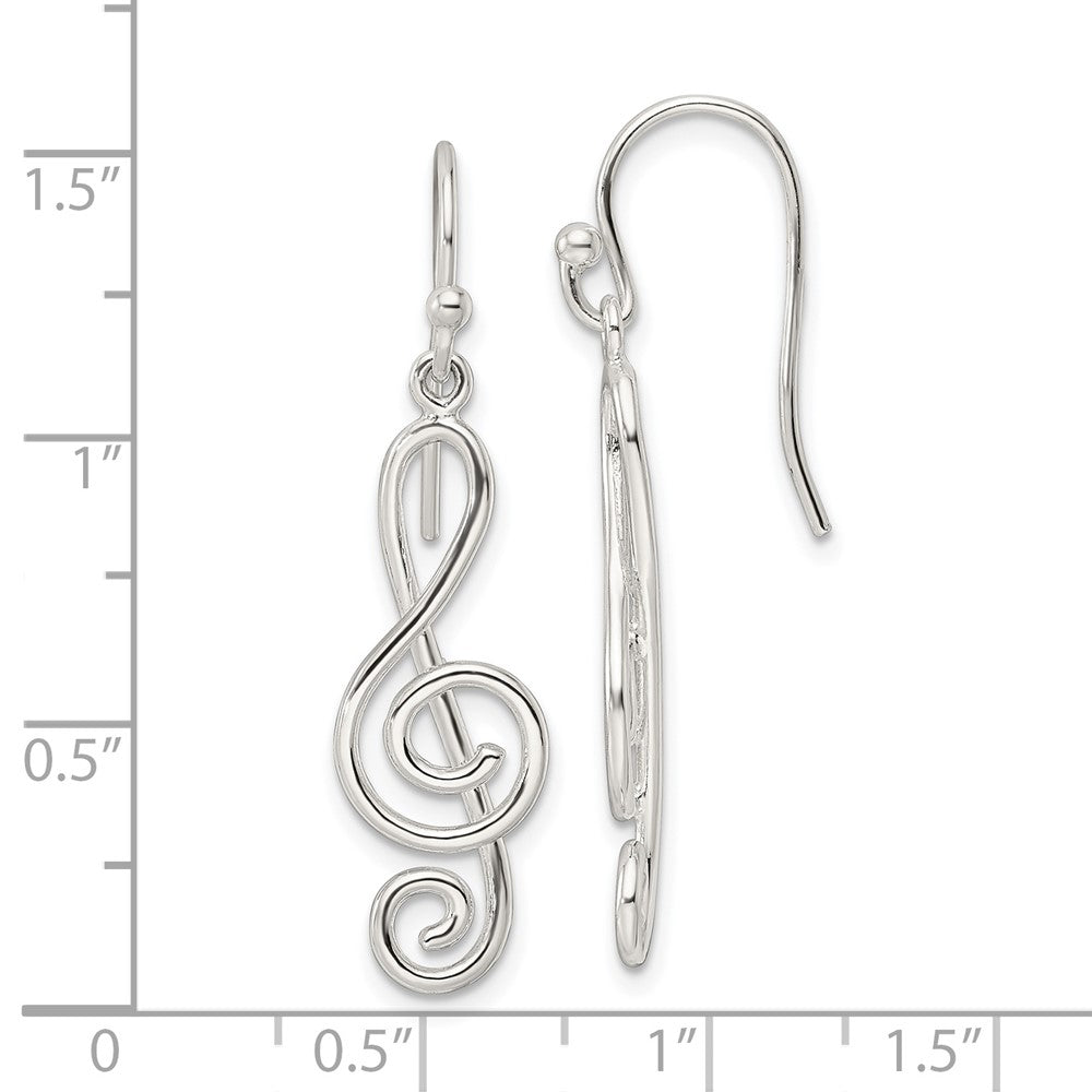 QE16567 Sterling Silver Polished Treble Clef Dangle Shepherd Hook Earrings