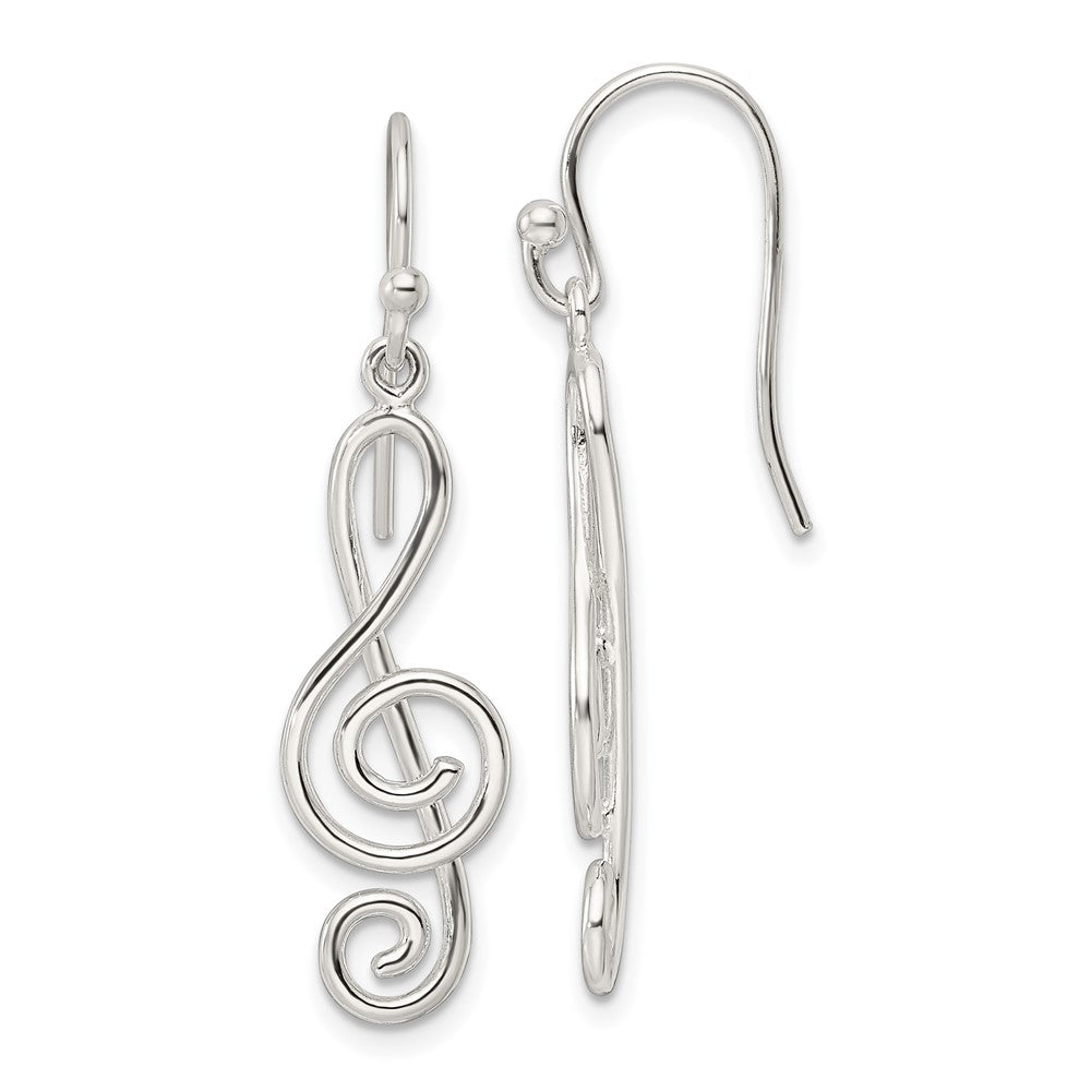 QE16567 Sterling Silver Polished Treble Clef Dangle Shepherd Hook Earrings