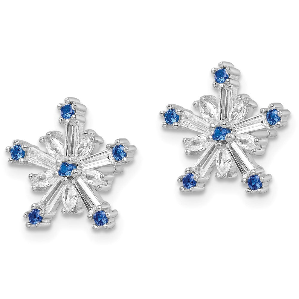 QE16569 Sterling Silver Rhodium-plated Polished Blue & White CZ Snowflake Post Earr