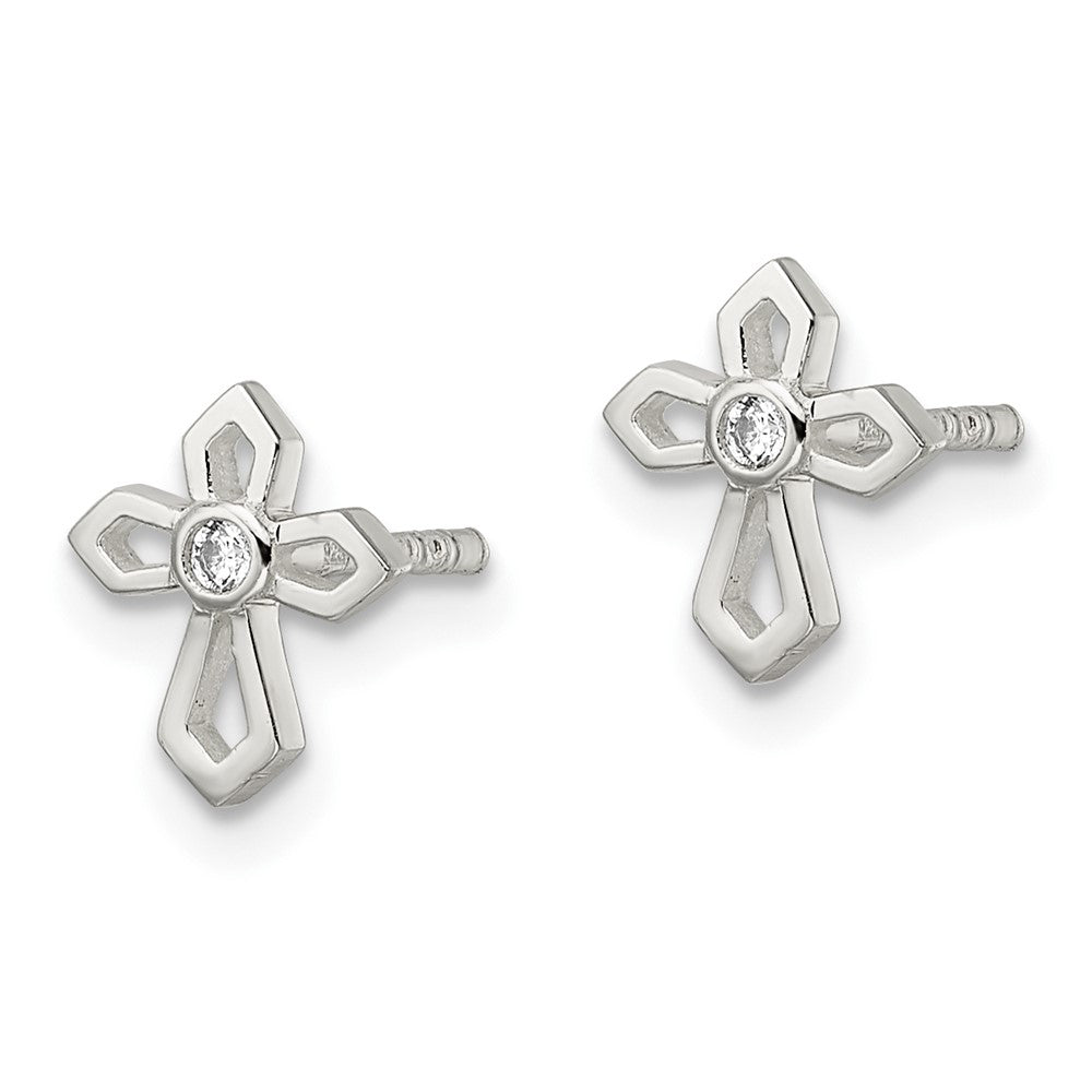 QE16573 Sterling Silver Polished CZ Passion Cross Post Earrings