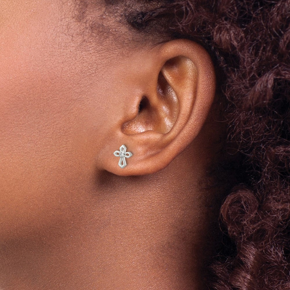 QE16573 Sterling Silver Polished CZ Passion Cross Post Earrings