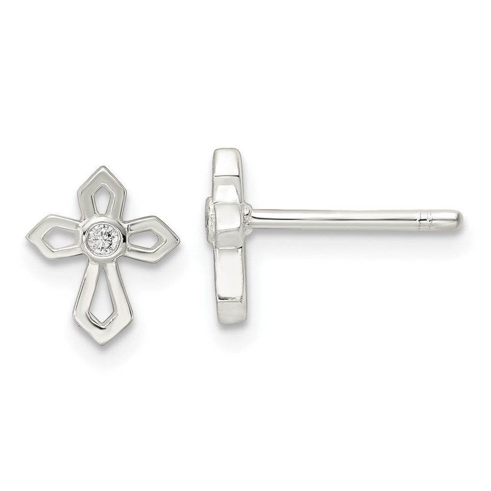 QE16573 Sterling Silver Polished CZ Passion Cross Post Earrings