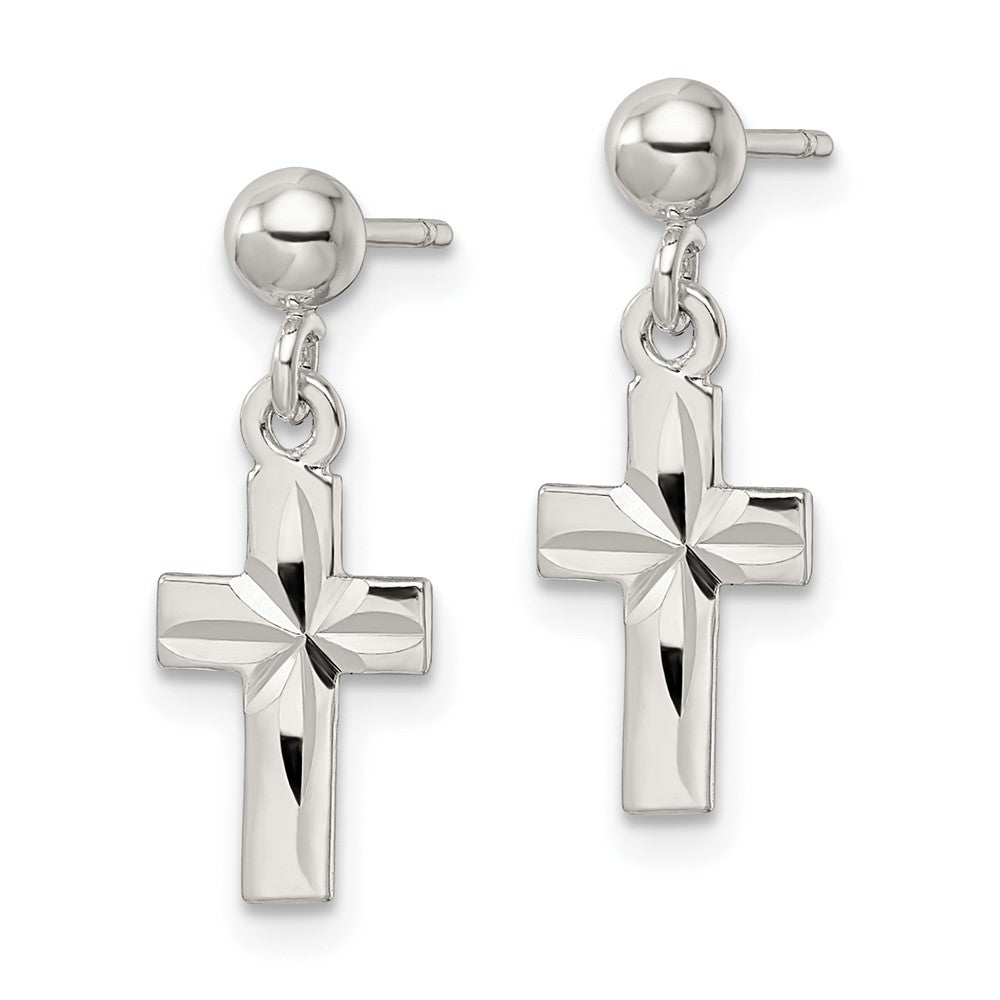 QE16576 Sterling Silver Polished and D/C Latin Cross Post Dangle Earrings