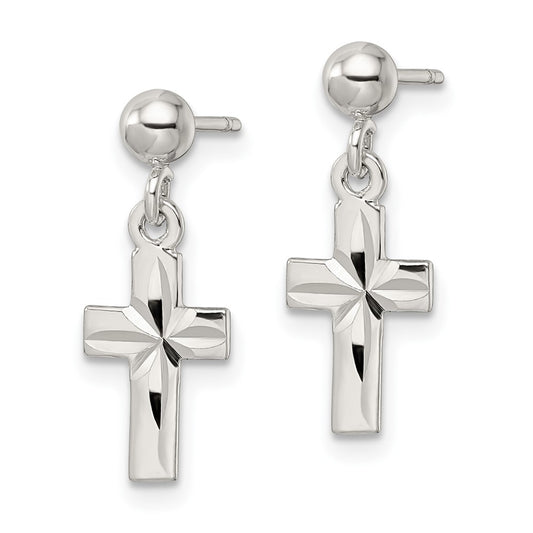 QE16576 Sterling Silver Polished and D/C Latin Cross Post Dangle Earrings
