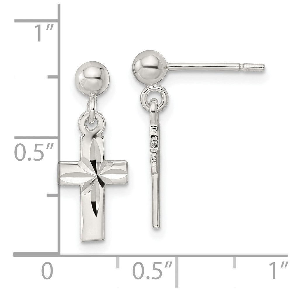 QE16576 Sterling Silver Polished and D/C Latin Cross Post Dangle Earrings