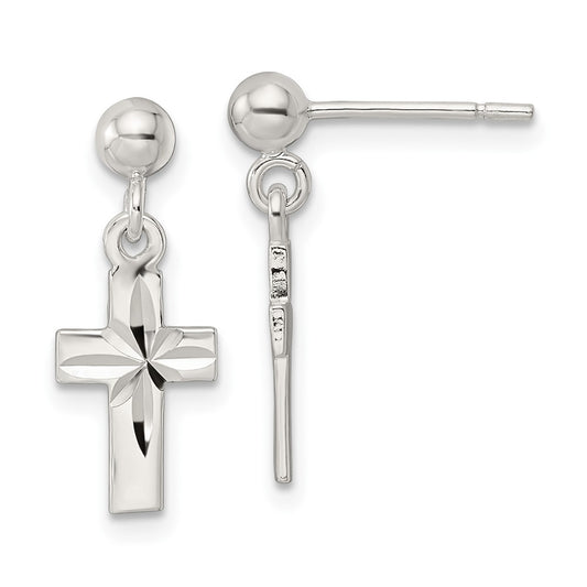 QE16576 Sterling Silver Polished and D/C Latin Cross Post Dangle Earrings