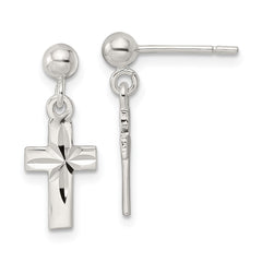 QE16576 Sterling Silver Polished and D/C Latin Cross Post Dangle Earrings