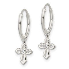 QE16579 Sterling Silver Polished CZ Passion Cross Dangle Endless Hoop Earrings