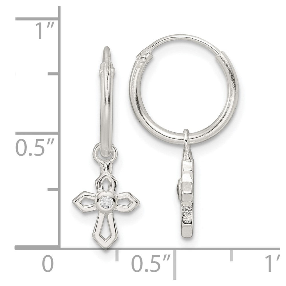 QE16579 Sterling Silver Polished CZ Passion Cross Dangle Endless Hoop Earrings