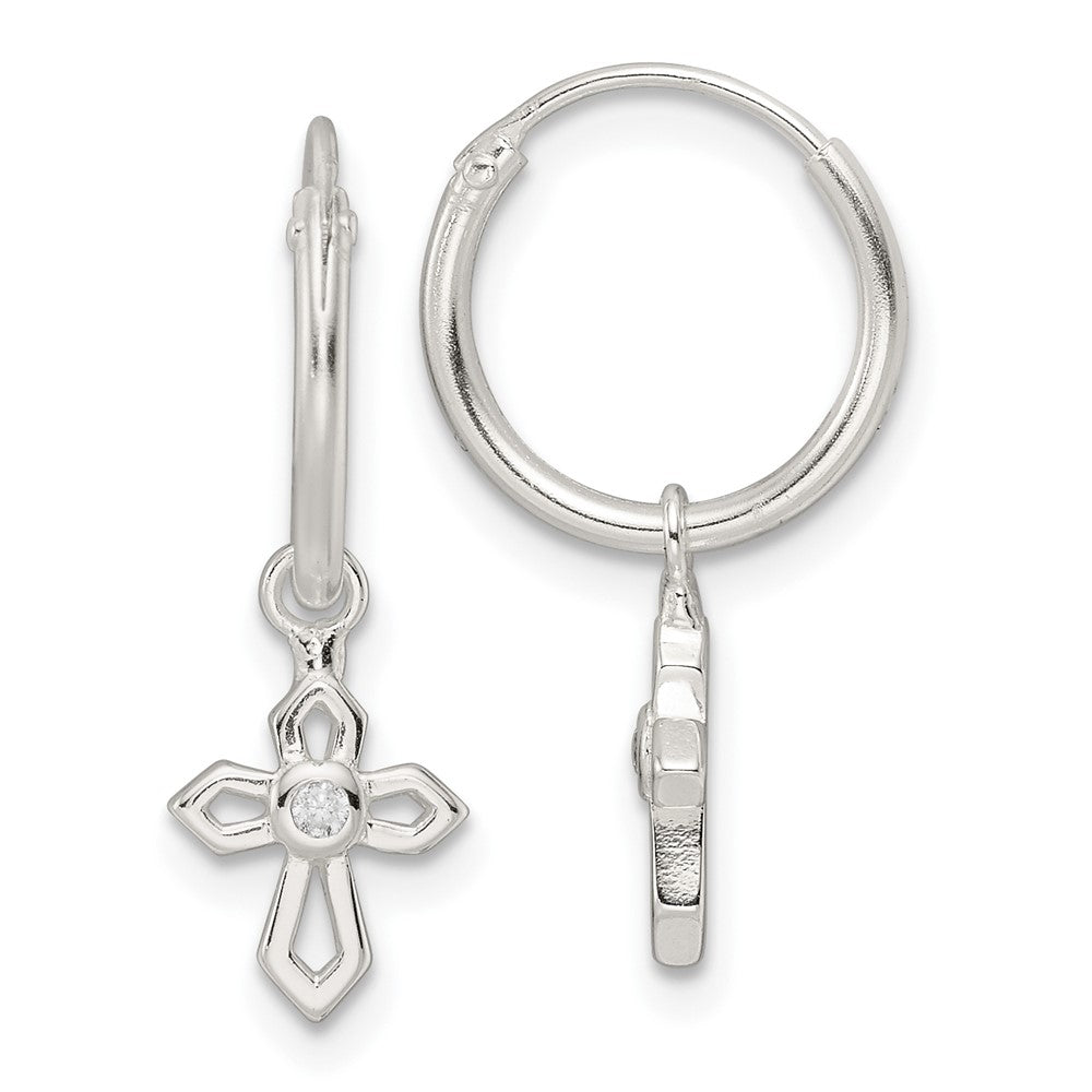 QE16579 Sterling Silver Polished CZ Passion Cross Dangle Endless Hoop Earrings