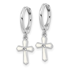 QE16580 Sterling Silver Rhodium-plated Polished CZ & White Enamel Passion Cross Dangle Round Hoop Earrings