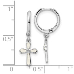 QE16580 Sterling Silver Rhodium-plated Polished CZ & White Enamel Passion Cross Dangle Round Hoop Earrings