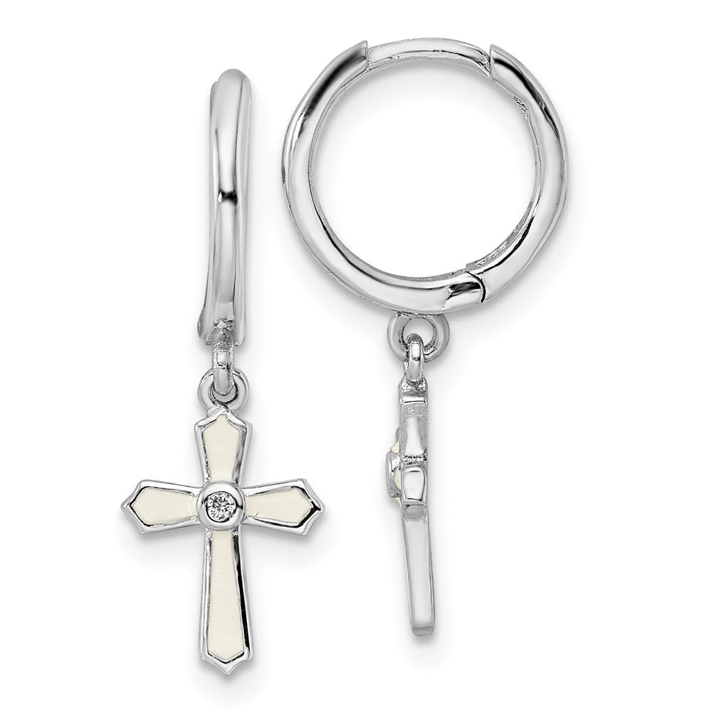 QE16580 Sterling Silver Rhodium-plated Polished CZ & White Enamel Passion Cross Dangle Round Hoop Earrings