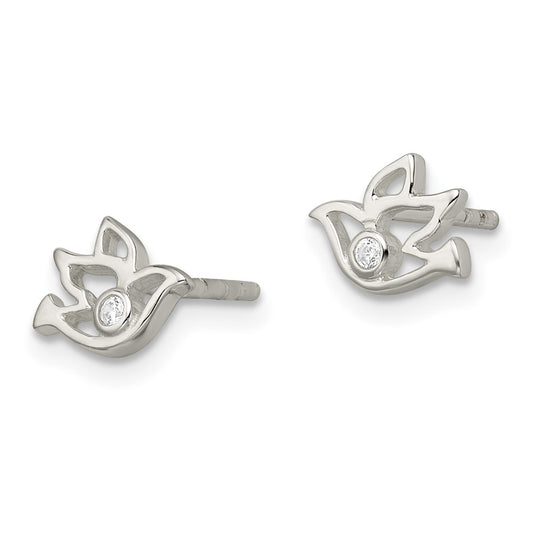QE16585 Sterling Silver Polished CZ Dove Post Earrings