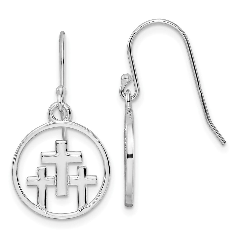 QE16590 Sterling Silver RH-plated Polished 3 Crosses in Circle Dangle Earrings