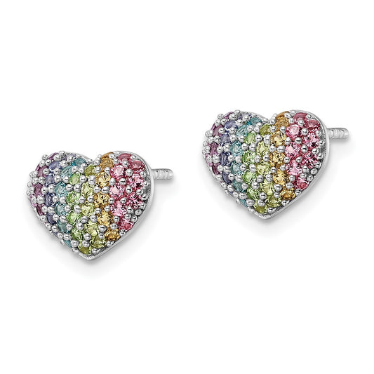 QE16592 Sterling Silver Rhodium-plated Rainbow Crystal Heart Post Earrings