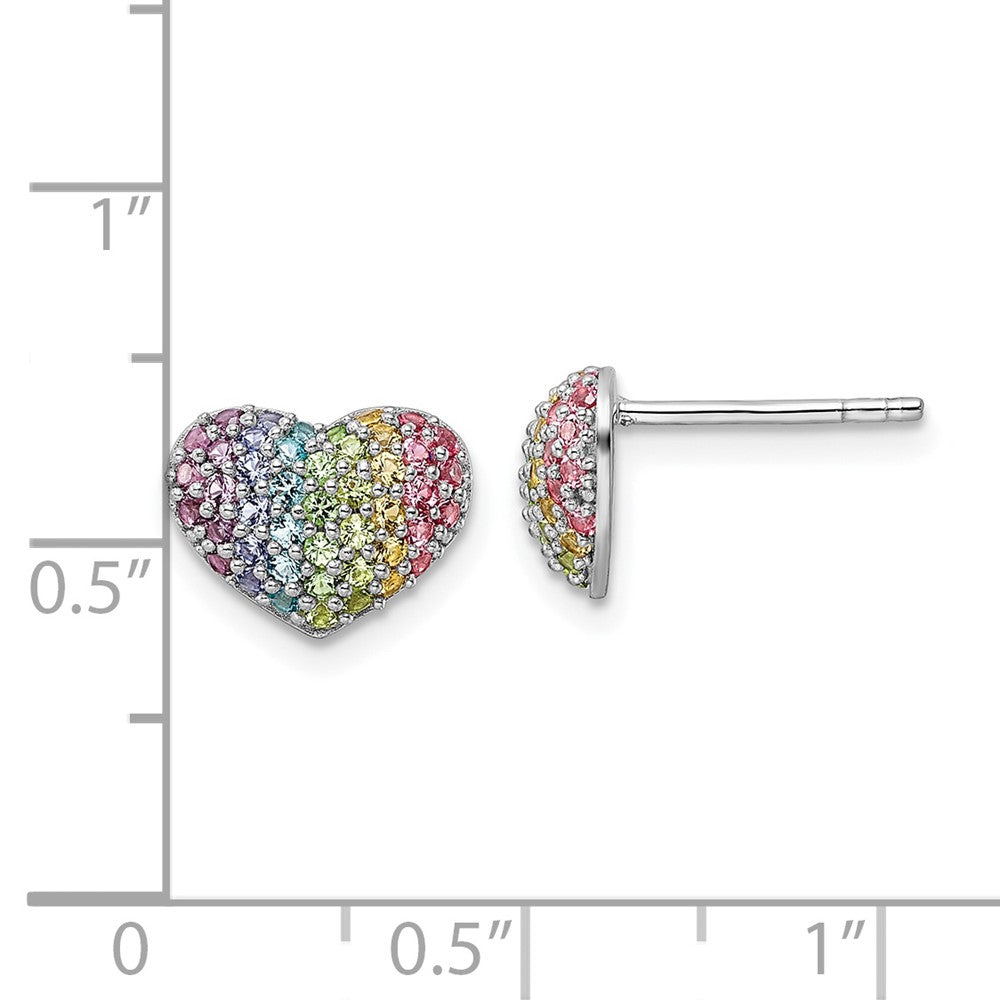 QE16592 Sterling Silver Rhodium-plated Rainbow Crystal Heart Post Earrings