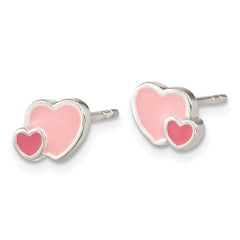 QE16594 Sterling Silver Rhodium-plated Pink Enamel Double Heart Post Earrings