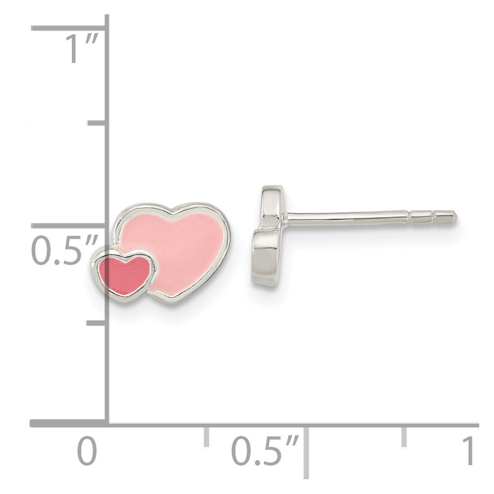 QE16594 Sterling Silver Rhodium-plated Pink Enamel Double Heart Post Earrings