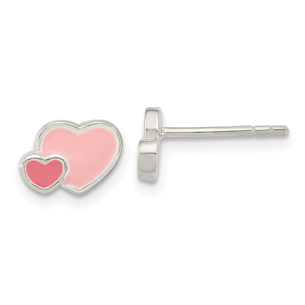 QE16594 Sterling Silver Rhodium-plated Pink Enamel Double Heart Post Earrings
